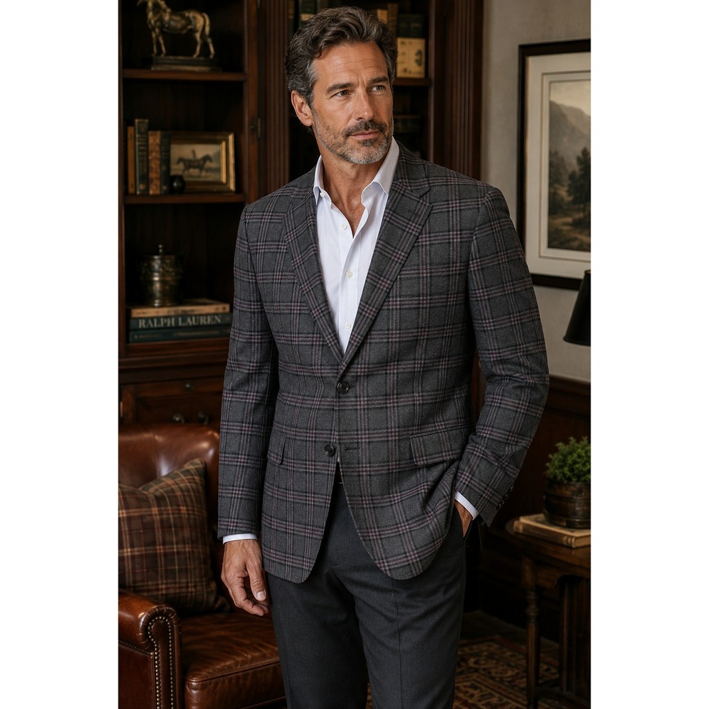 Shaquille O'Neal XLG Blazer Mens 50L Gray Burgundy Plaid Big Tall Sport Coat